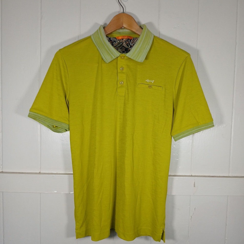 Louis Castel‎ Polo Shirt Mens Size 100 Lime Green Paisley Trim Short Sleeve SW3
